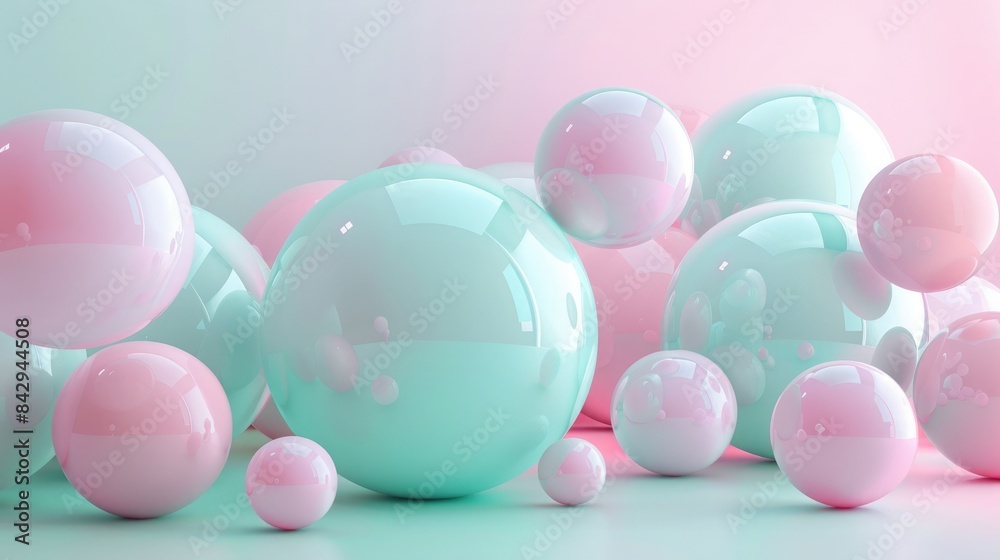 Layered spheres in a calm pastel 3D geometric design, soft pink and mint green, gentle gradients, high definition. 3D geometric pattern Layered spheres in a calm pastel 3D geometric design, soft pink and mint green, gentle gradients, high definition. 3D geometric pattern