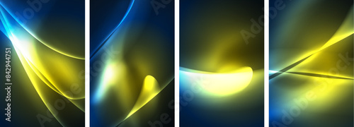 Neon Lines Waves. Abstract Background Poster Collection. Captivating array of vibrant designs, pulsating with dynamic energy against a dark backdrop. Explore the mesmerizing allure of neon waves