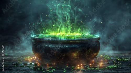 A detailed shot of a steaming green potion in a cauldron, with an emphasis on the magical, eerie glow in a dark backdrop photo