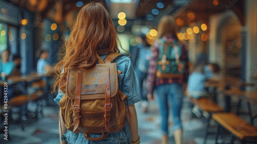 A woman is seen from behind walking through a busy indoor area with a stylish leather backpack