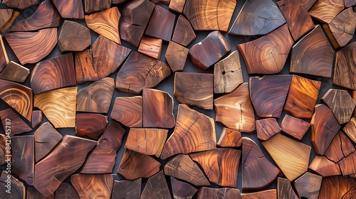 A seamless pattern of wooden pieces, each with its own unique shape and texture, arranged in an artistic composition to create a visually appealing background for your design project photo