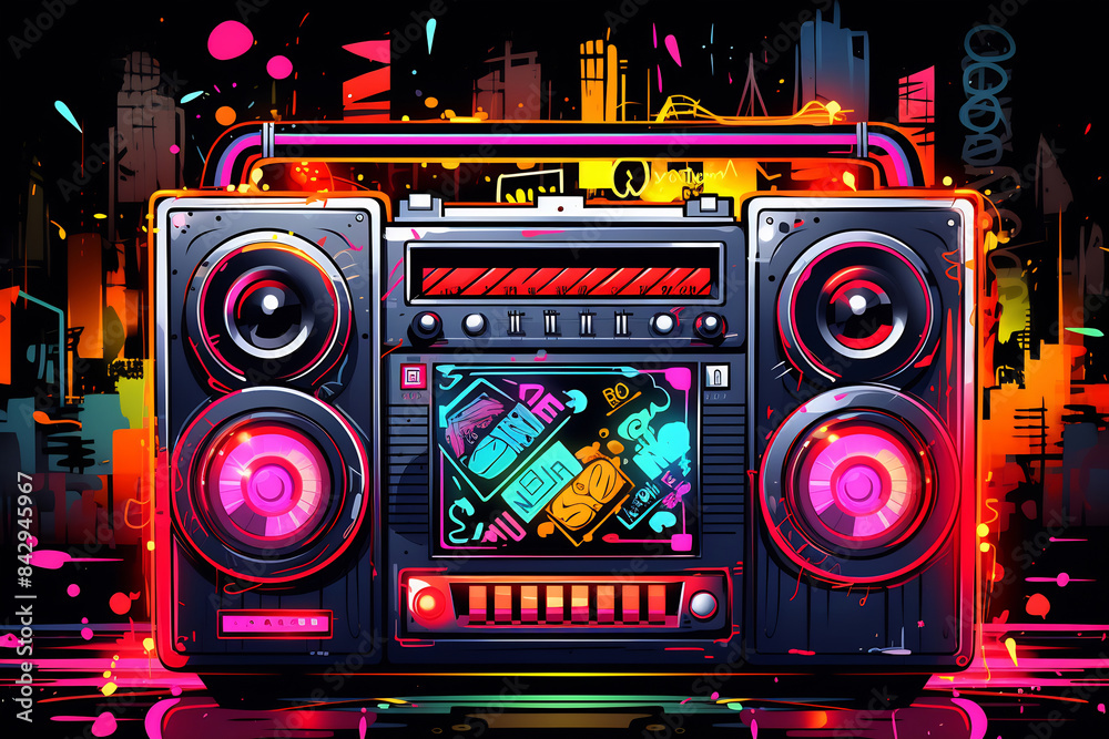Fototapeta premium Neon Retro Boombox in Futuristic Cityscape