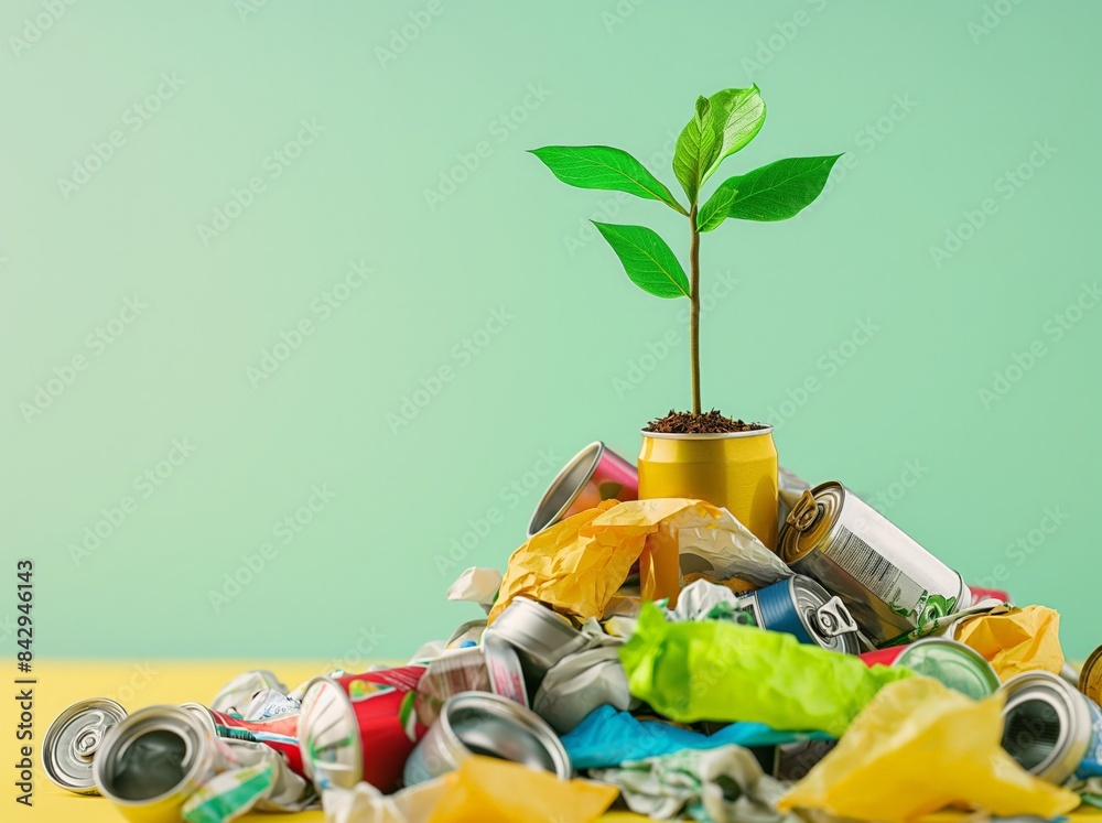 Fototapeta premium Plant sprouting from the top of an enormous pile of metal cans and plastic bags, isolated on a pastel background with copy space for text or a banner. Ecology and connection to nature