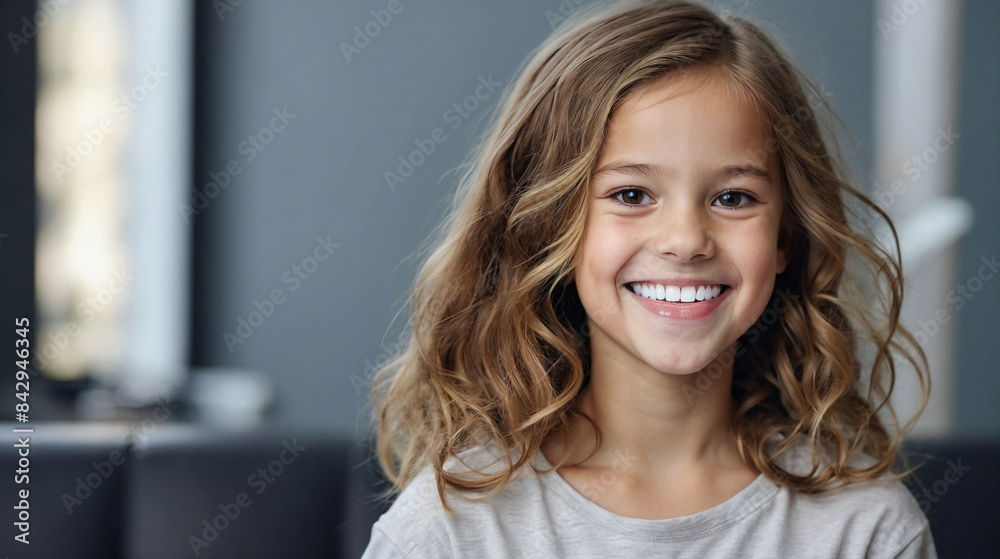 Blond little girl smiling showing white teeth at the dental clinic. Health, good habits, dental care. Blond little girl smiling showing white teeth at the dental clinic. Health, good habits, dental care.