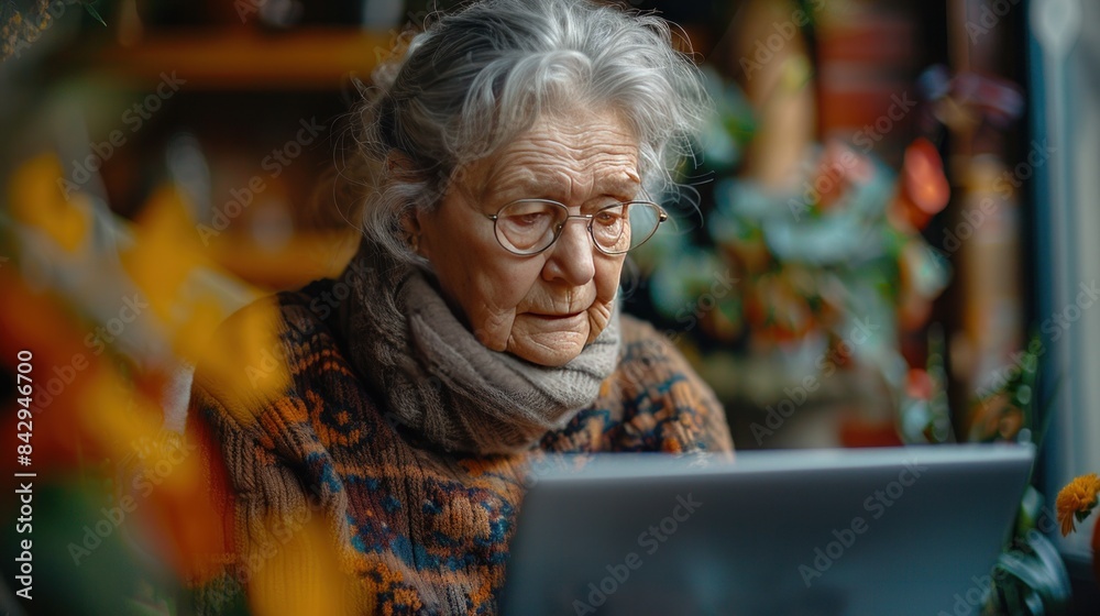Senior woman working with laptop, shopping online, Senior woman working with laptop, shopping online,