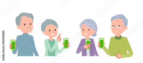 青汁を持って談笑しているシニア世代男女