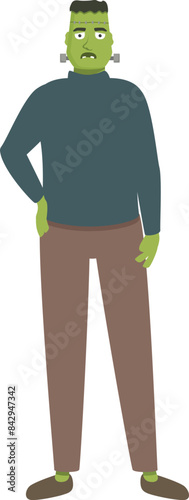 Frankenstein's monster is casually dressed and standing with his hand in his pocket
