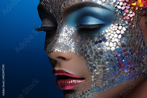 Close-Up Portrait of a Woman with Artistic Makeup and Metallic Face Art Against a Blue Background