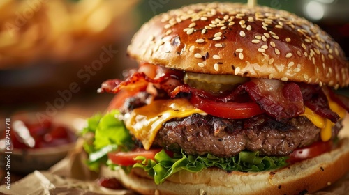 Close-up of a gourmet burger with melted cheese  crispy bacon  and fresh vegetables on a sesame seed bun