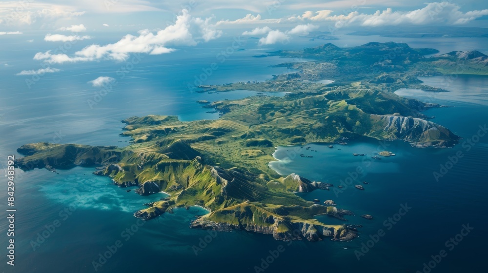 Fototapeta premium A series of isolated islands formed by past landslides that have split a larger landmass into smaller fragments.