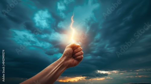 Man controlling lightning strike with fist under stormy sky