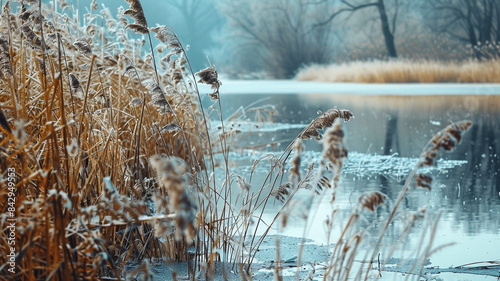 Winter Nature Landscape with reed and water photo