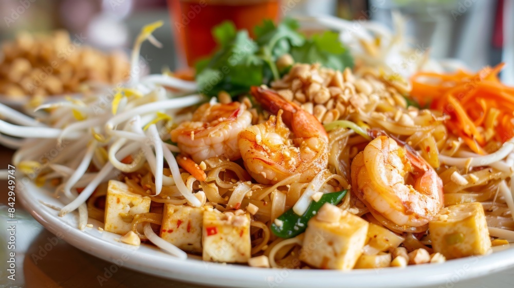 Close-up of a mouth-watering plate of pad thai noodles with shrimp, tofu, bean sprouts, and crushed peanuts Close-up of a mouth-watering plate of pad thai noodles with shrimp, tofu, bean sprouts, and crushed peanuts