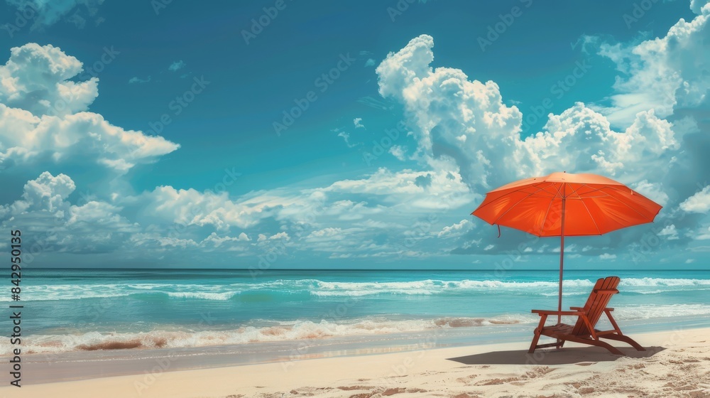 Peaceful Beach Scene with Red Umbrella. Bright red umbrella and chair on a serene beach, with blue skies and ocean waves creating a tranquil vacation setting. Peaceful Beach Scene with Red Umbrella. Bright red umbrella and chair on a serene beach, with blue skies and ocean waves creating a tranquil vacation setting.