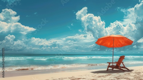 Peaceful Beach Scene with Red Umbrella. Bright red umbrella and chair on a serene beach  with blue skies and ocean waves creating a tranquil vacation setting.