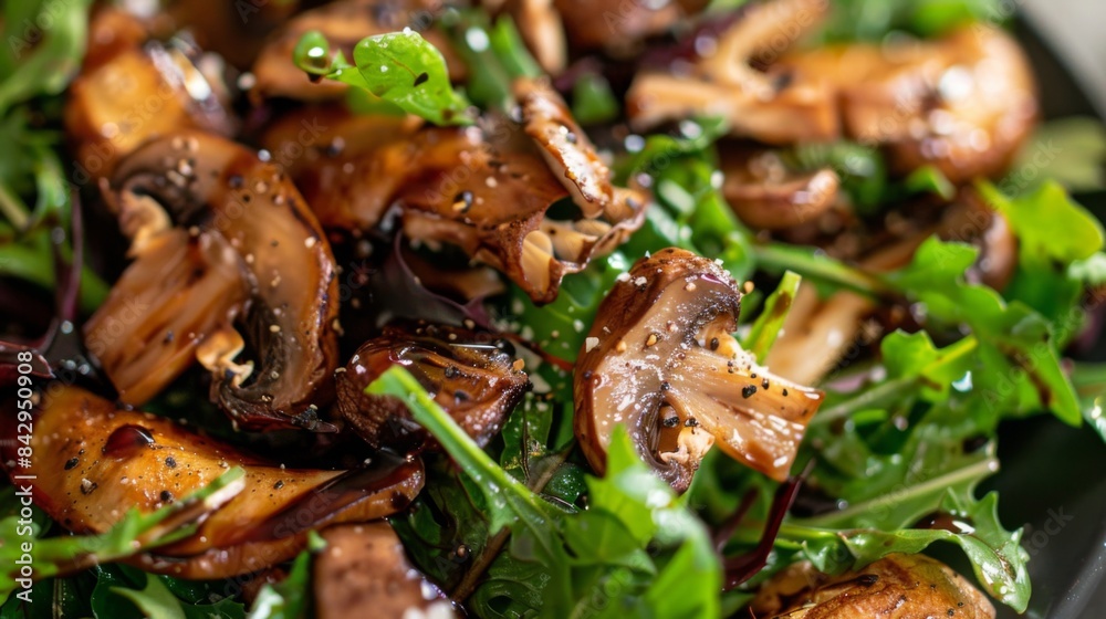 Close-up of a mushroom-themed salad with mixed greens, roasted mushrooms, and balsamic dressing Close-up of a mushroom-themed salad with mixed greens, roasted mushrooms, and balsamic dressing