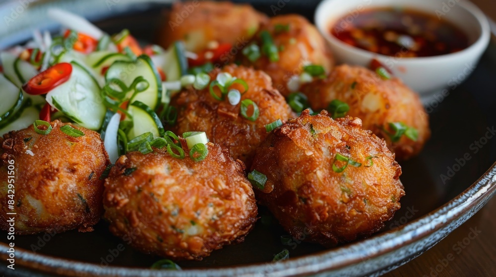 Close-up of a plate of crispy fried fish cakes (tod mun pla) served with a tangy cucumber relish Close-up of a plate of crispy fried fish cakes (tod mun pla) served with a tangy cucumber relish