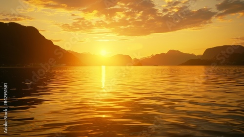 The sun sets over a pristine fjord the sky turning a warm golden hue as it reflects off the still waters below.