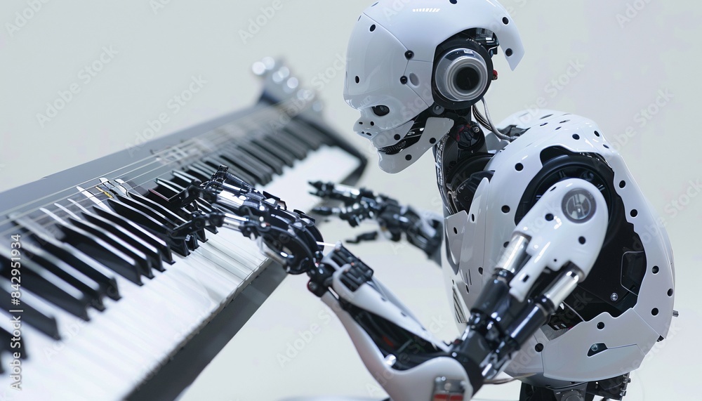 Fototapeta premium A futuristic robot playing a guitar showcasing AGI integration with humanlike activities