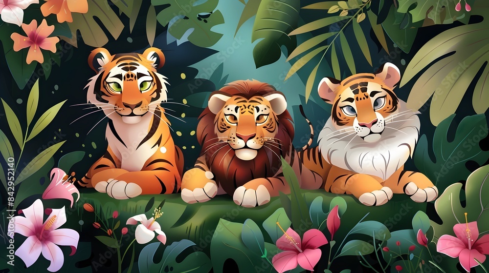Naklejka premium Curious Tiger and Lion Cubs Exploring Lush Tropical Jungle