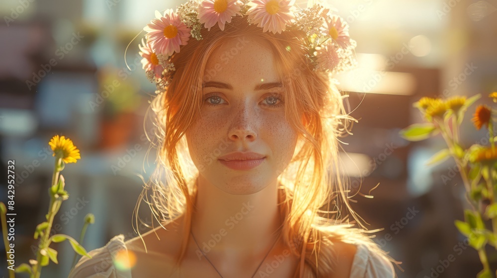 Portrait of young woman with flower crown in golden sunlight. Springtime holidays. Close-up shot. Portrait of young woman with flower crown in golden sunlight. Springtime holidays. Close-up shot.