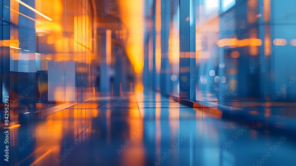 Abstract reflections of blue and orange lights in a modern glass interior, creating a vibrant and futuristic atmosphere. Abstract reflections of blue and orange lights in a modern glass interior, creating a vibrant and futuristic atmosphere.
