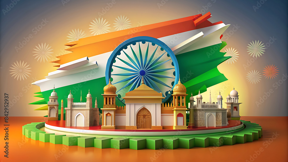 15th August 76th Independence Day of India on with Tricolor Indian flag, Indian monuments. Happy Day Background Design Vector Illustration, Indian Republic Day Celebration Background 15th August 76th Independence Day of India on with Tricolor Indian flag, Indian monuments. Happy Day Background Design Vector Illustration, Indian Republic Day Celebration Background