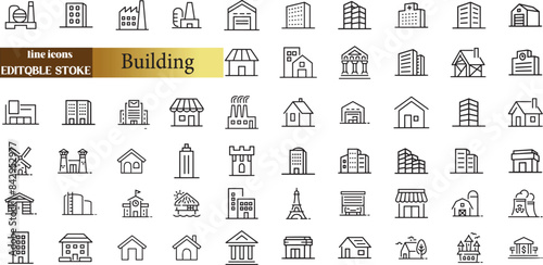 Building web icons in line style. Hotel, hospital, apartament, city, town house, mall, coffee, collection. Vector illustration.	