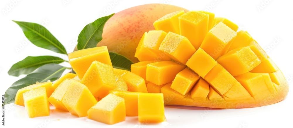 Fresh mango fruit with slices and cubes on a white background. Fresh mango fruit with slices and cubes on a white background.
