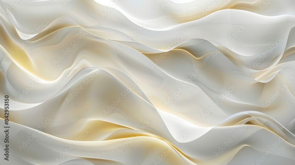 Fototapeta premium The image shows soft, flowing white and beige fabric creating gentle, elegant waves. The fabric's fluid texture is highlighted by light and shadows, evoking a serene and luxurious feel.