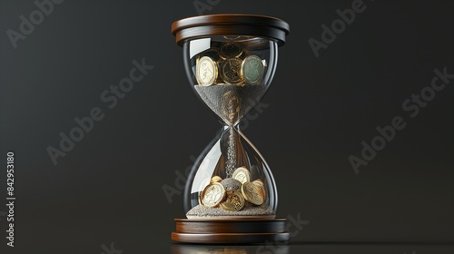 A 3D hourglass with coins instead of sand, illustrating the concept of time value of money in investments.