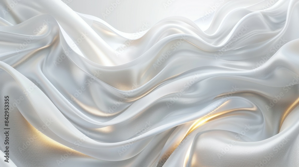 Obraz premium The image features an abstract composition of smooth, flowing white fabric-like waves with soft golden accents, creating a serene, elegant, and ethereal visual effect with gentle light play.