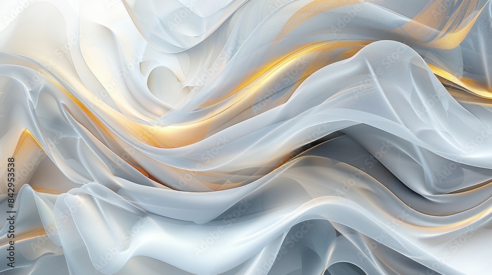 Obraz premium The image features an abstract composition of flowing, translucent white fabric-like waves with golden accents, creating a dynamic, airy, and elegant visual effect.