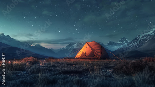 Mountain landscape with illuminated tent