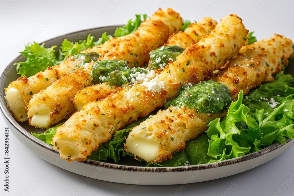 Baked Cheese Sticks with a Savory Salsa Verde Drizzle and a Generous Mozzarella Filling and Fresh Cilantro Baked Cheese Sticks with a Savory Salsa Verde Drizzle and a Generous Mozzarella Filling and Fresh Cilantro