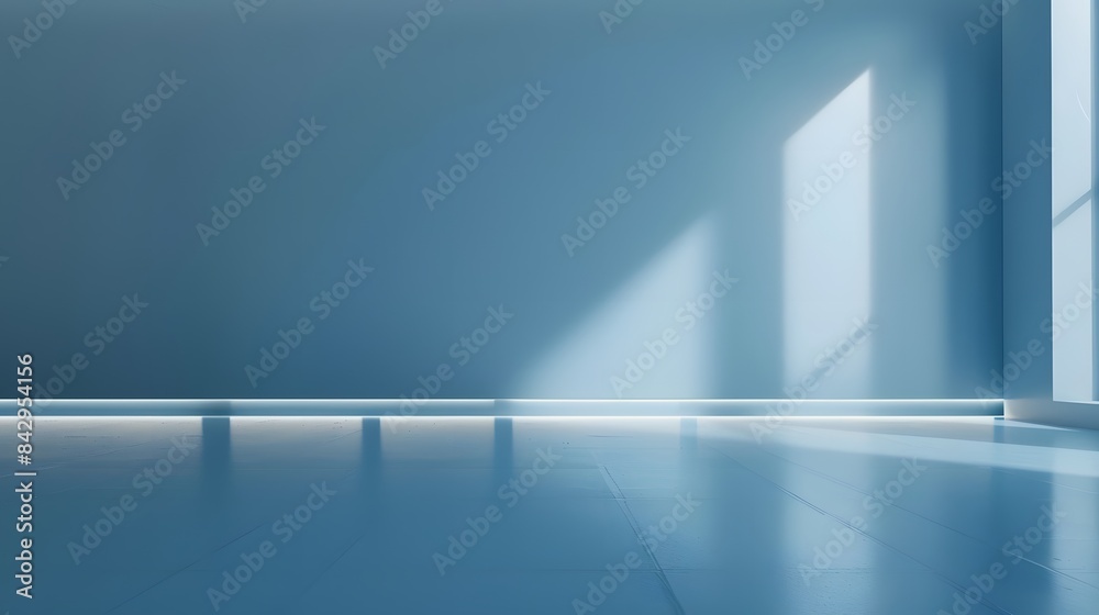 A minimalist blue room with large windows allowing natural light to create a calm and modern interior space. A minimalist blue room with large windows allowing natural light to create a calm and modern interior space.
