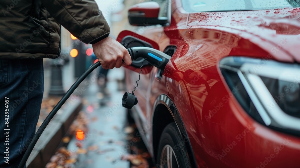 Man holding power supply cable at electric vehicle charging station