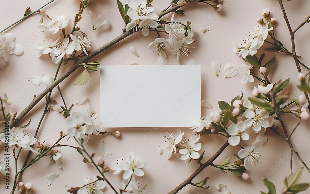 A blank white card product advertising on a soft colored background surrounded by flowers A blank white card product advertising on a soft colored background surrounded by flowers