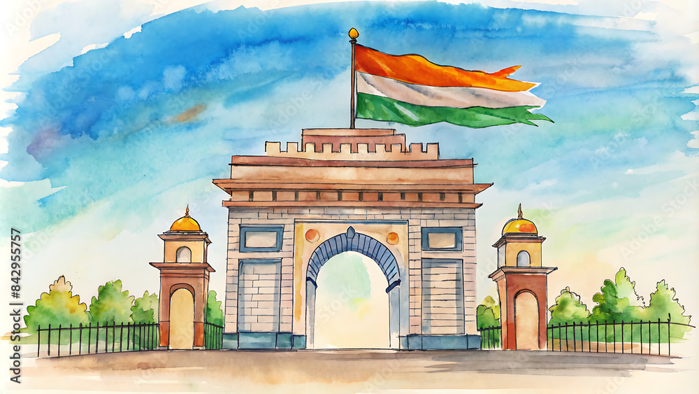 Obraz premium 15th August 76th Independence Day of India on with Tricolor Indian flag, Indian monuments. Happy Day Background Design Vector Illustration, Indian Republic Day Celebration Background