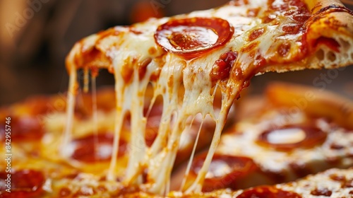 Close-up of a slice of New York-style pizza with gooey cheese, pepperoni, and tomato sauce photo