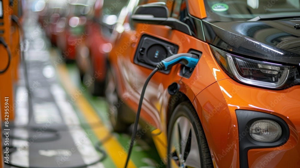 Close-up of electric vehicle charging at a station. Line of orange electric cars plugged in, reflecting modern transportation innovation. Close-up of electric vehicle charging at a station. Line of orange electric cars plugged in, reflecting modern transportation innovation.