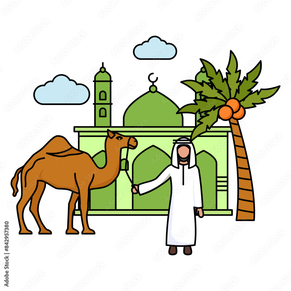 Arabic Young Man Holding Camel Rope Concept, Qurban Islamic ritual ...