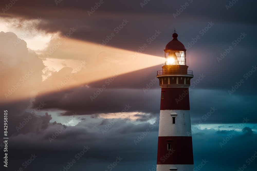 Majestic lighthouse with red and white stripes pierces dark clouds with golden light