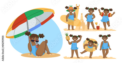 A little cheerful girl with tanned skin is resting on the beach. Stand a sand castle, lie under an umbrella on the sand. Set of vector illustrations, eps10