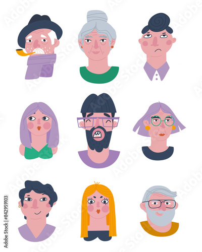 Human heads. Head of an elderly man, a young man, a girl and a grandmother. Chela sticker. Avatar. Flat vector illustration, eps10