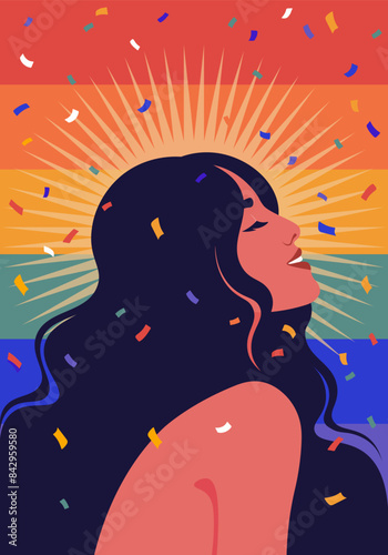 Portrait of a happy woman in profile. A face of a serene fashion model. Mental health. LGBTQIA+ pride. Vector illustration in flat style