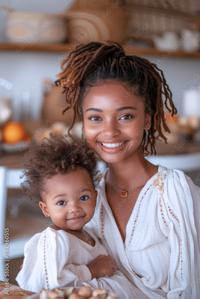Fototapeta premium A happy African mother holding her baby in her arms at healthy dining room