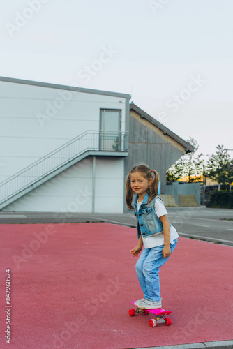 Cute little girl riding on a skateboard.girl 5 years old