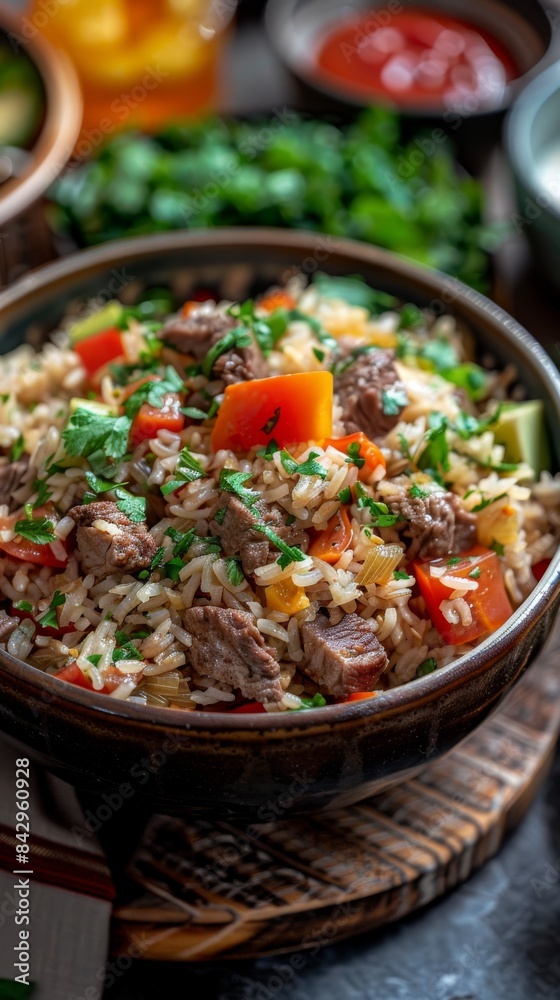 Colorful Vegetable and Beef Stir-Fry. A bowl of colorful vegetable and beef stir-fry, featuring vibrant bell peppers, fresh herbs, and perfectly cooked rice.
