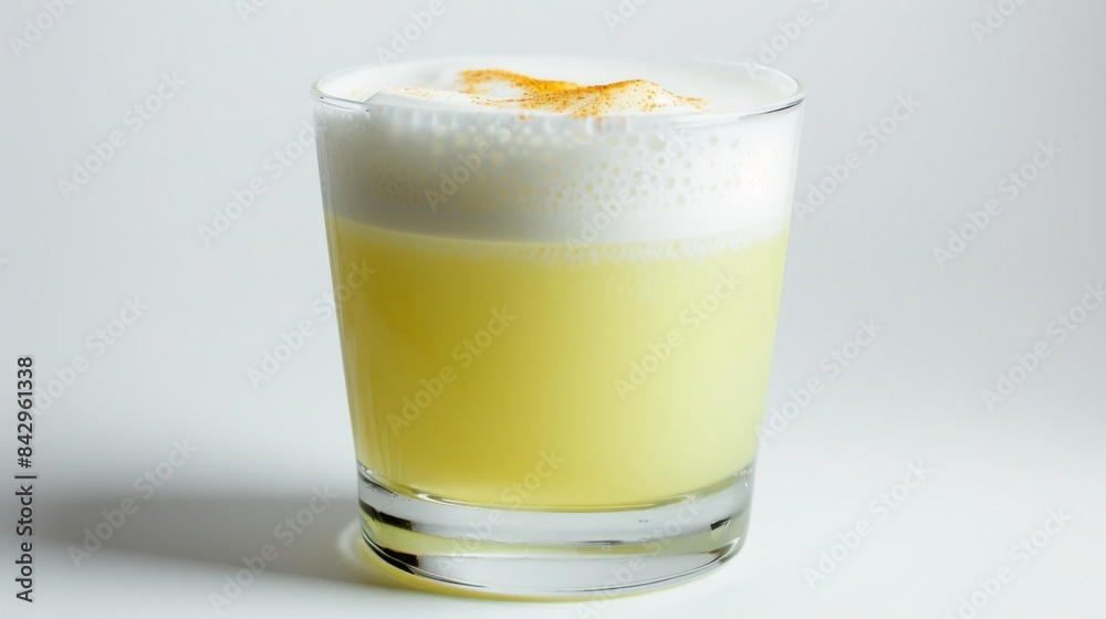 Refreshing Pisco Sour cocktail with a yellow twist and garnish Refreshing Pisco Sour cocktail with a yellow twist and garnish